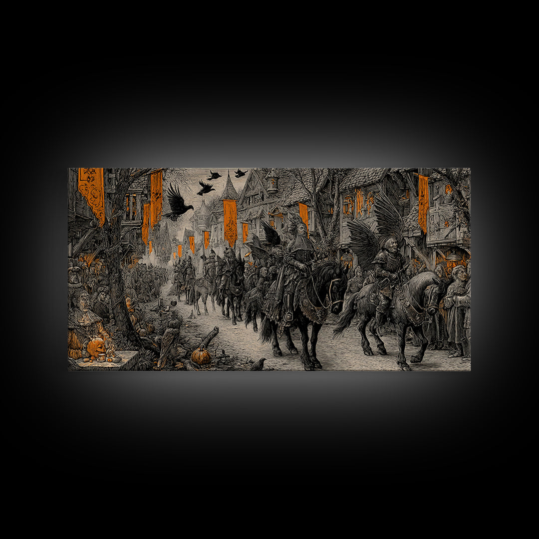 The Monster Parade, Renaissance Engraving Art, Wide Panoramic Art, Dark Fantasy Wall Art, Framed Canvas Print, Halloween Wall Art