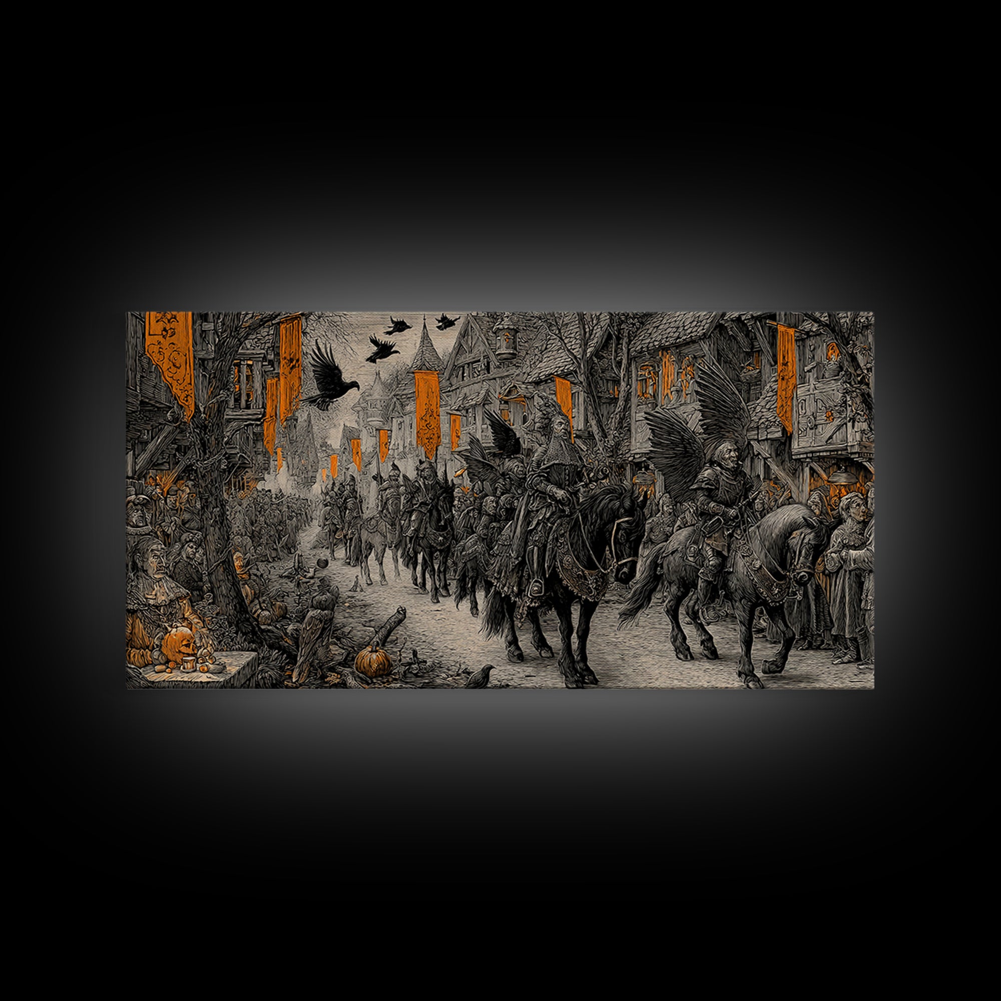 The Monster Parade, Renaissance Engraving Art, Wide Panoramic Art, Dark Fantasy Wall Art, Framed Canvas Print, Halloween Wall Art