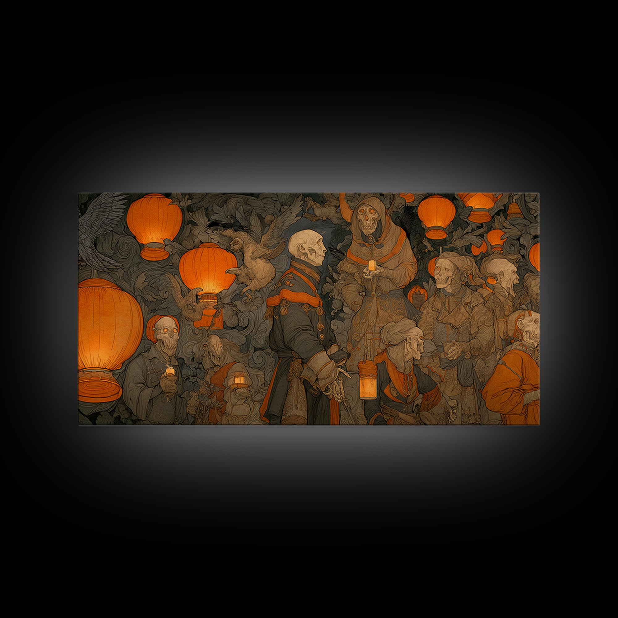 The Monster Parade, Danse Macabre Art, Wide Panoramic Art, Macabre Wall Art, Framed Canvas Print, Halloween Wall Art
