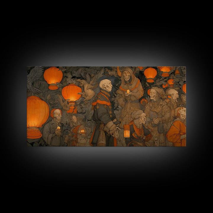 The Monster Parade, Danse Macabre Art, Wide Panoramic Art, Macabre Wall Art, Framed Canvas Print, Halloween Wall Art