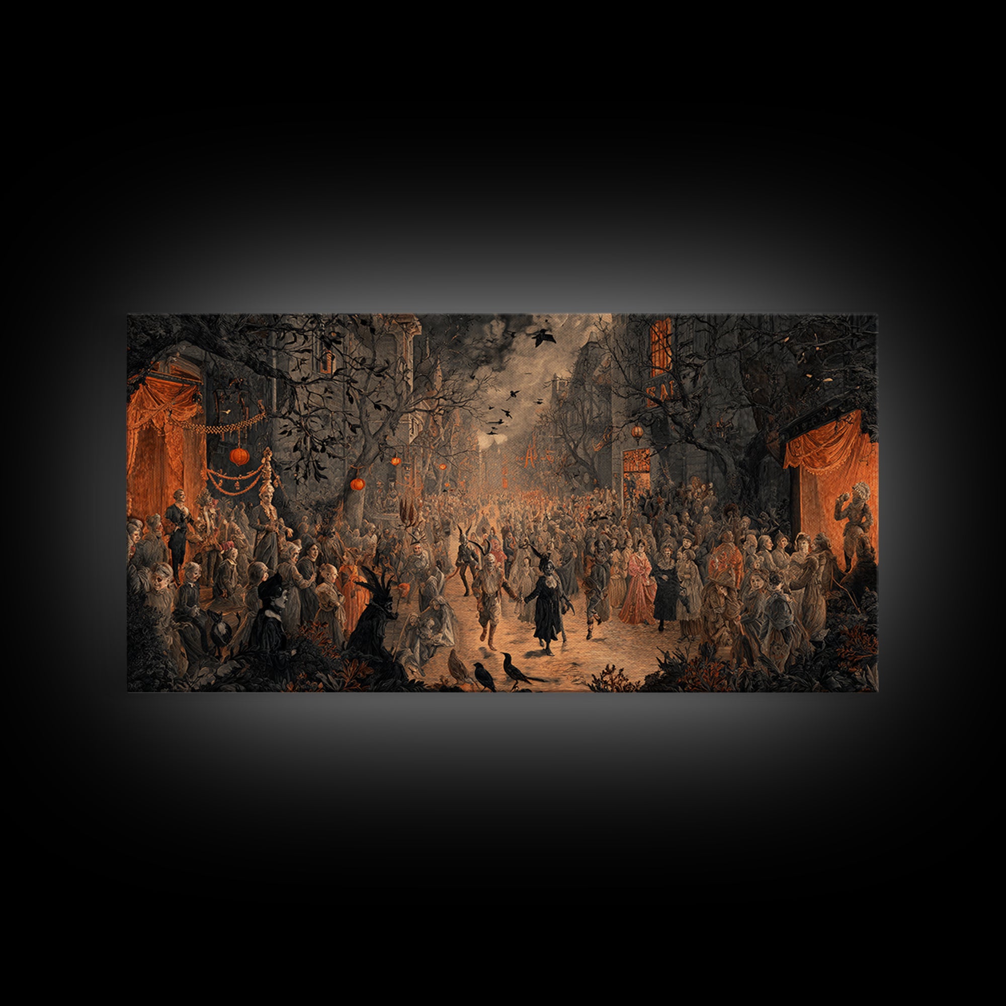 The Monster Parade, Dark Romantic Horror Art, Wide Panoramic Art, Macabre Wall Art, Framed Canvas Print, Halloween Wall Art