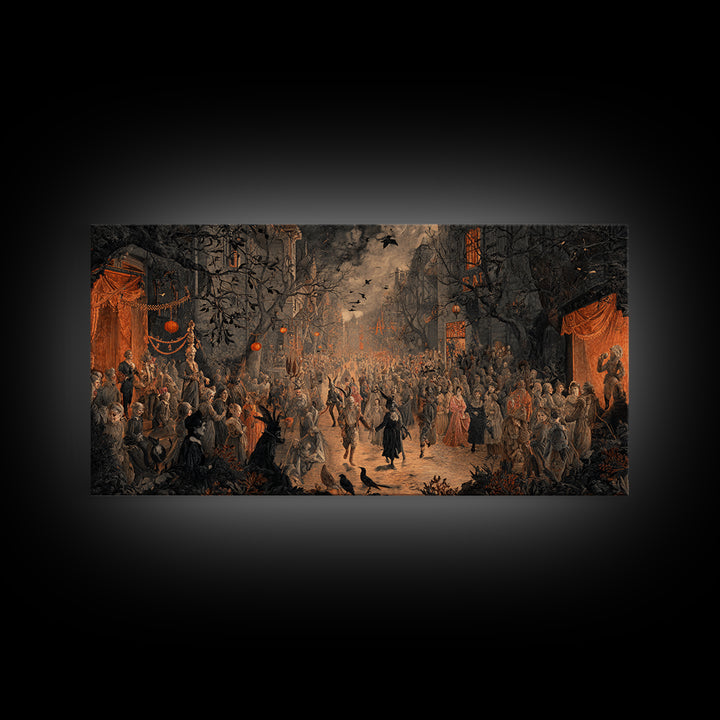 The Monster Parade, Dark Romantic Horror Art, Wide Panoramic Art, Macabre Wall Art, Framed Canvas Print, Halloween Wall Art