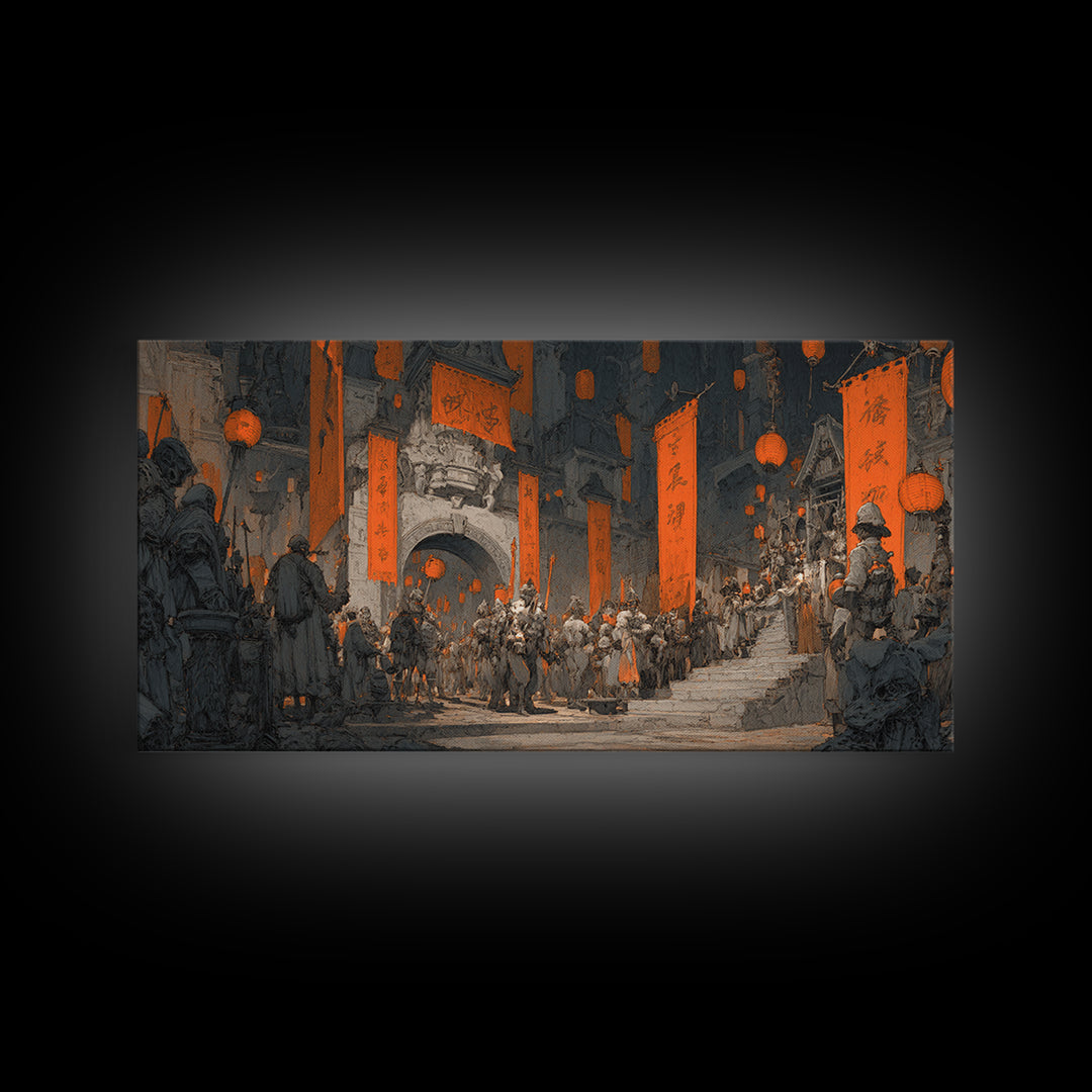 The Monster Parade, Architectural Etching Art, Wide Panoramic Art, Macabre Wall Art, Canvas Print, Halloween Wall Art