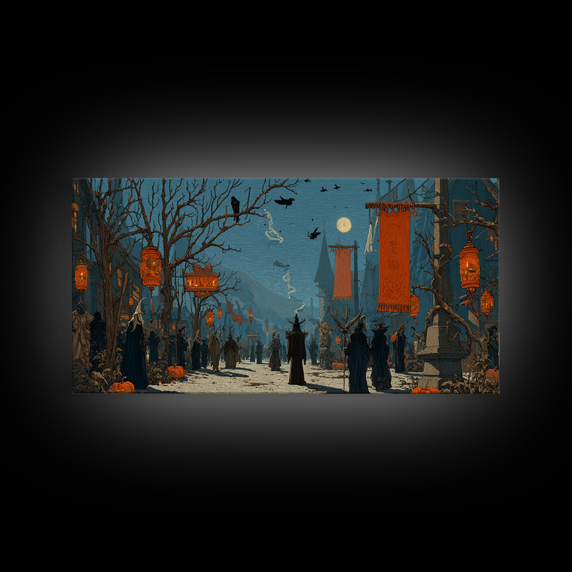 The Monster Parade, Romantic Gothic Landscape, Wide Panoramic Art, Dark Halloween Decor, Canvas Print, Halloween Wall Art