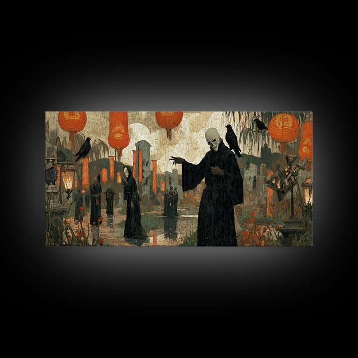 The Monster Parade, Symbolist Gothic Landscape, Wide Panoramic Art, Macabre Wall Art, Canvas Print, Halloween Wall Art