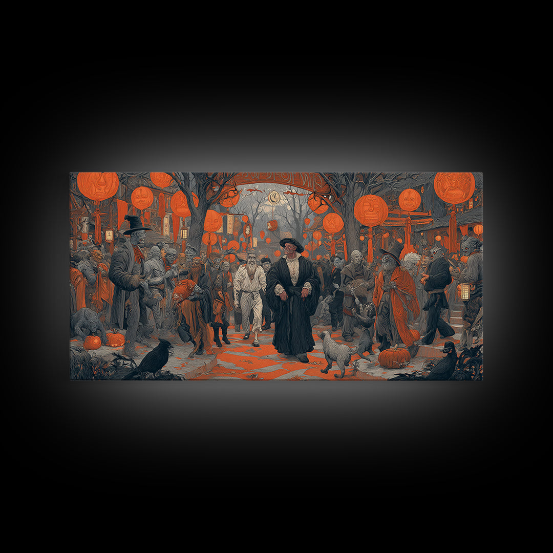 The Monster Parade, Symbolist Etching Art, Wide Panoramic Art, Gothic Horror Wall Art, Canvas Print, Halloween Wall Art, Halloween Decor