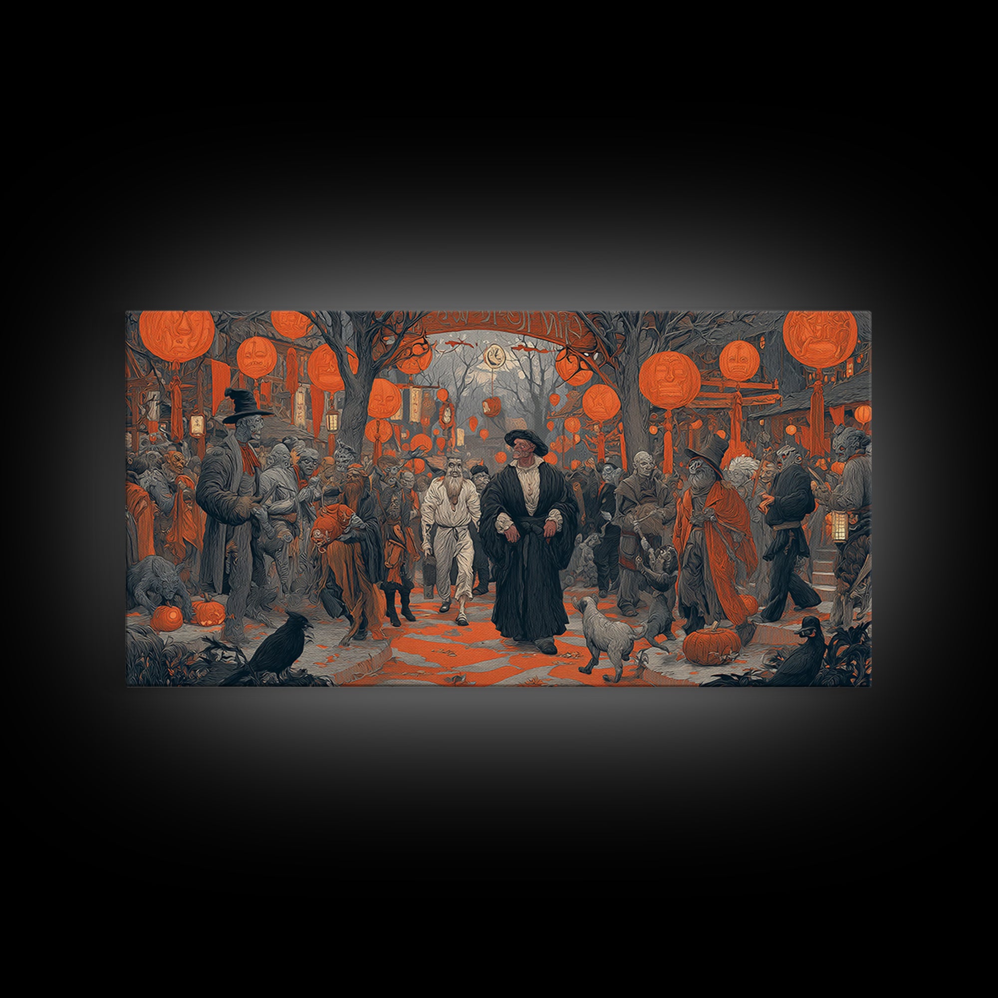 The Monster Parade, Symbolist Etching Art, Wide Panoramic Art, Gothic Horror Wall Art, Canvas Print, Halloween Wall Art, Halloween Decor