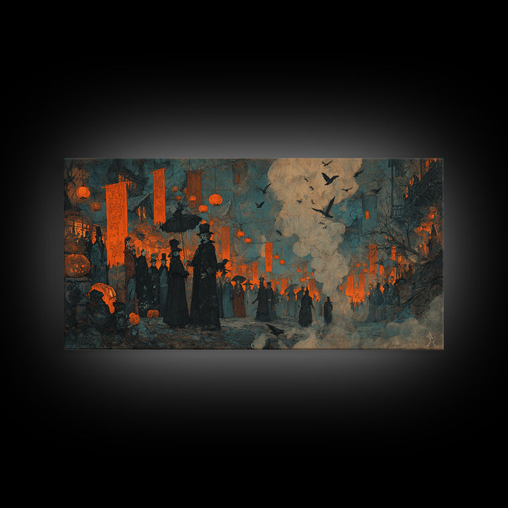 The Monster Parade, Expressionist Gothic Art, Wide Panoramic Art, Dark Halloween Decor, Canvas Print, Halloween Wall Art