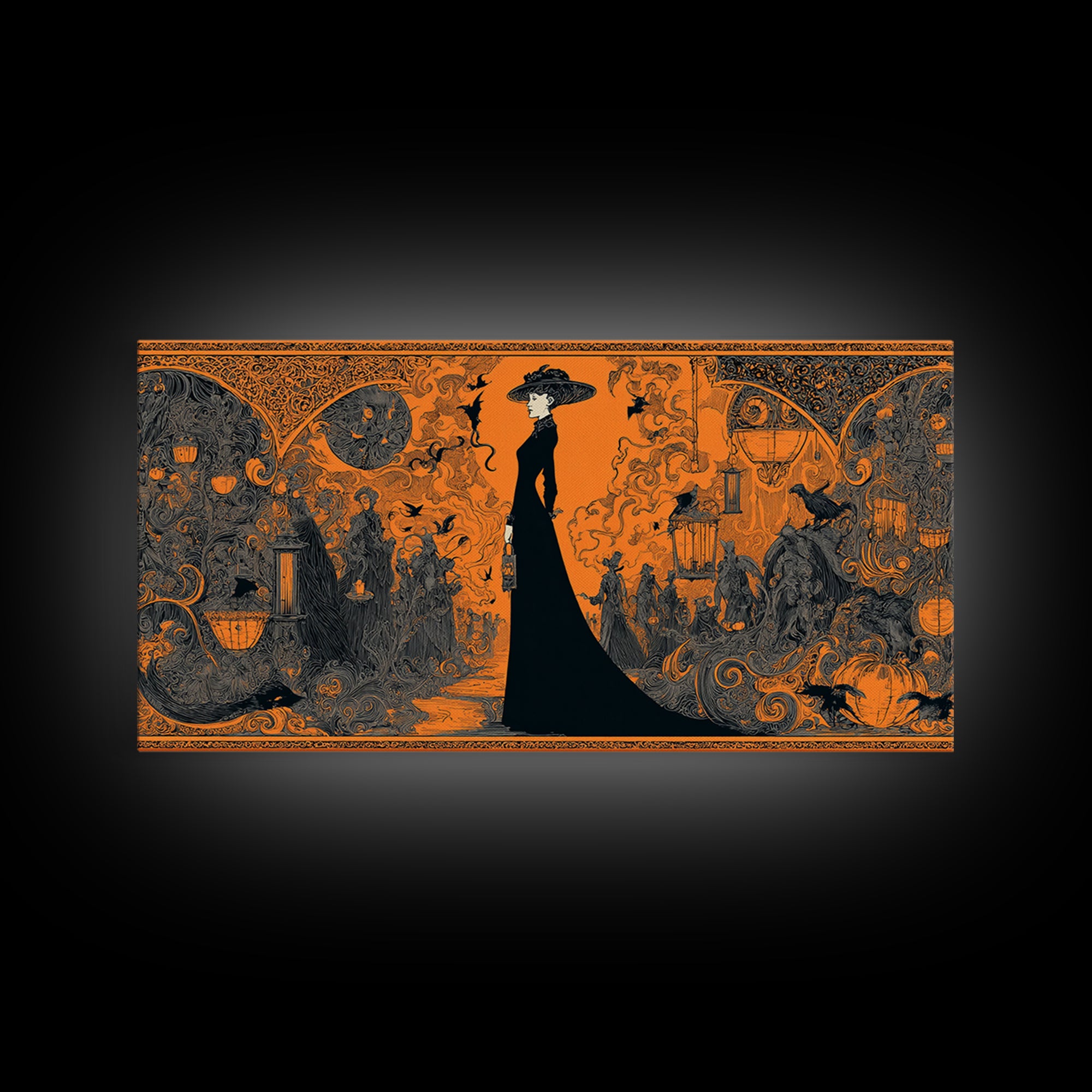 The Monster Parade, Decadent Line Art, Wide Panoramic Art, Gothic Horror Wall Art, Framed Canvas Print, Halloween Wall Art