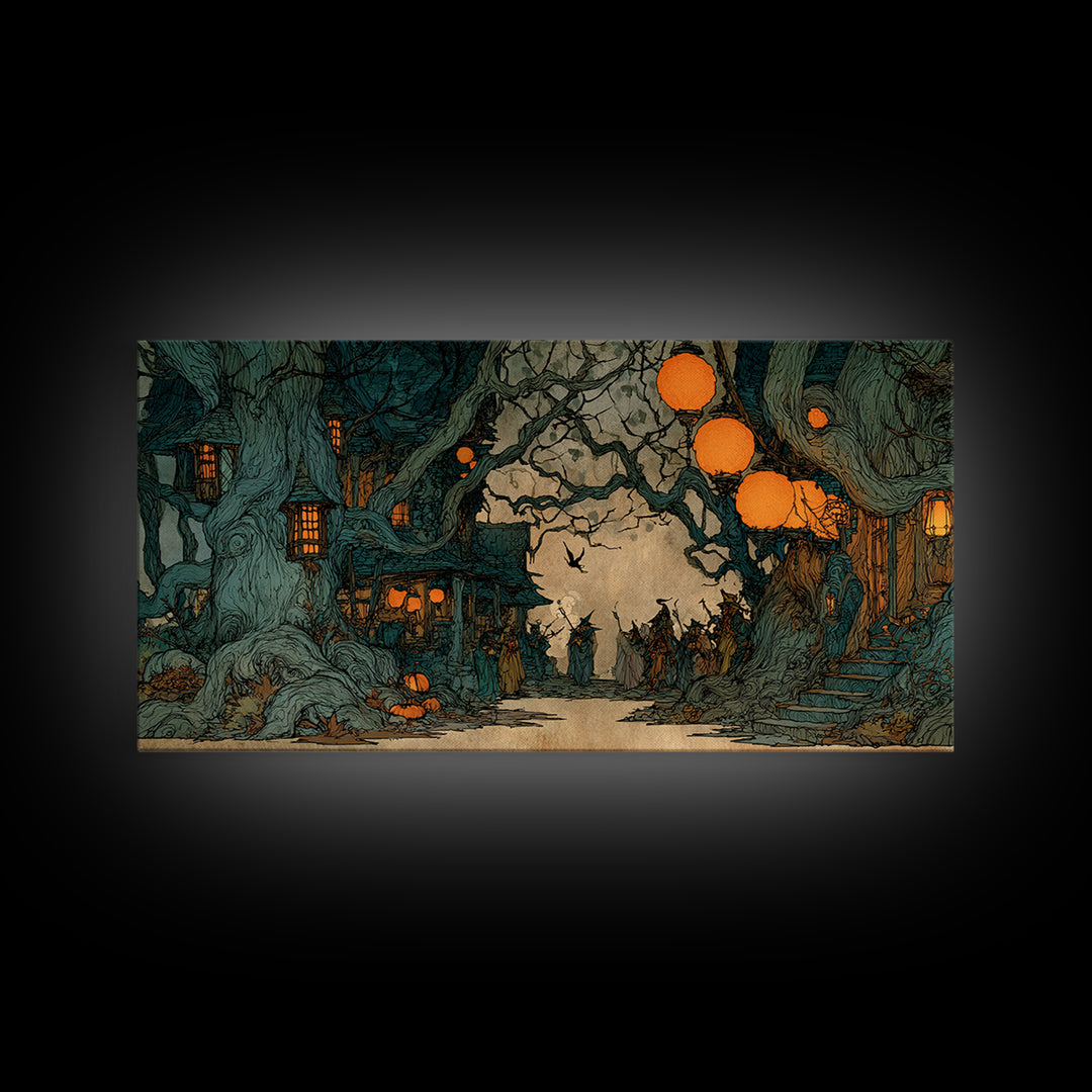 The Monster Parade, Gothic Storybook Art, Wide Panoramic Art, Dark Fantasy Wall Art, Framed Canvas Print, Halloween Wall Art