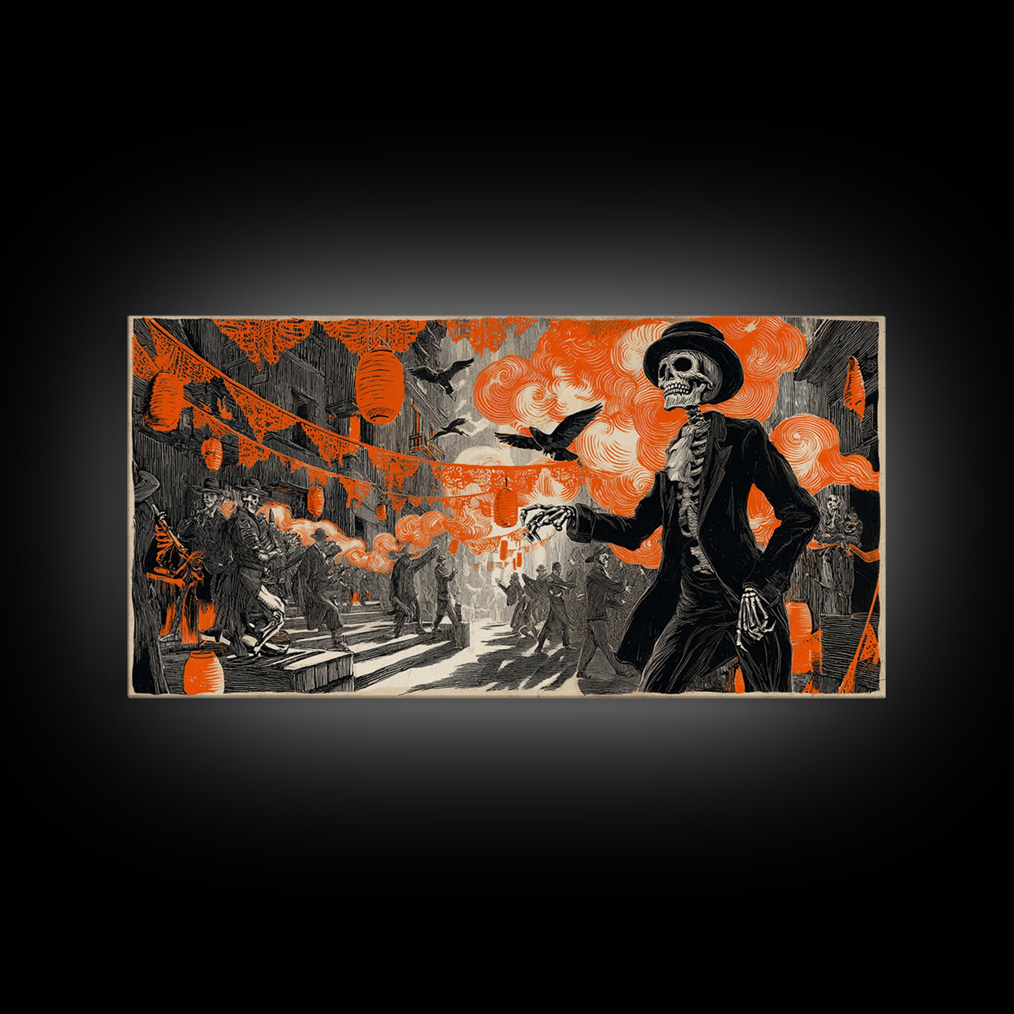 The Monster Parade, Macabre Folk Print Art, Wide Panoramic Art, Gothic Horror Wall Art, Canvas Print, Halloween Wall Art
