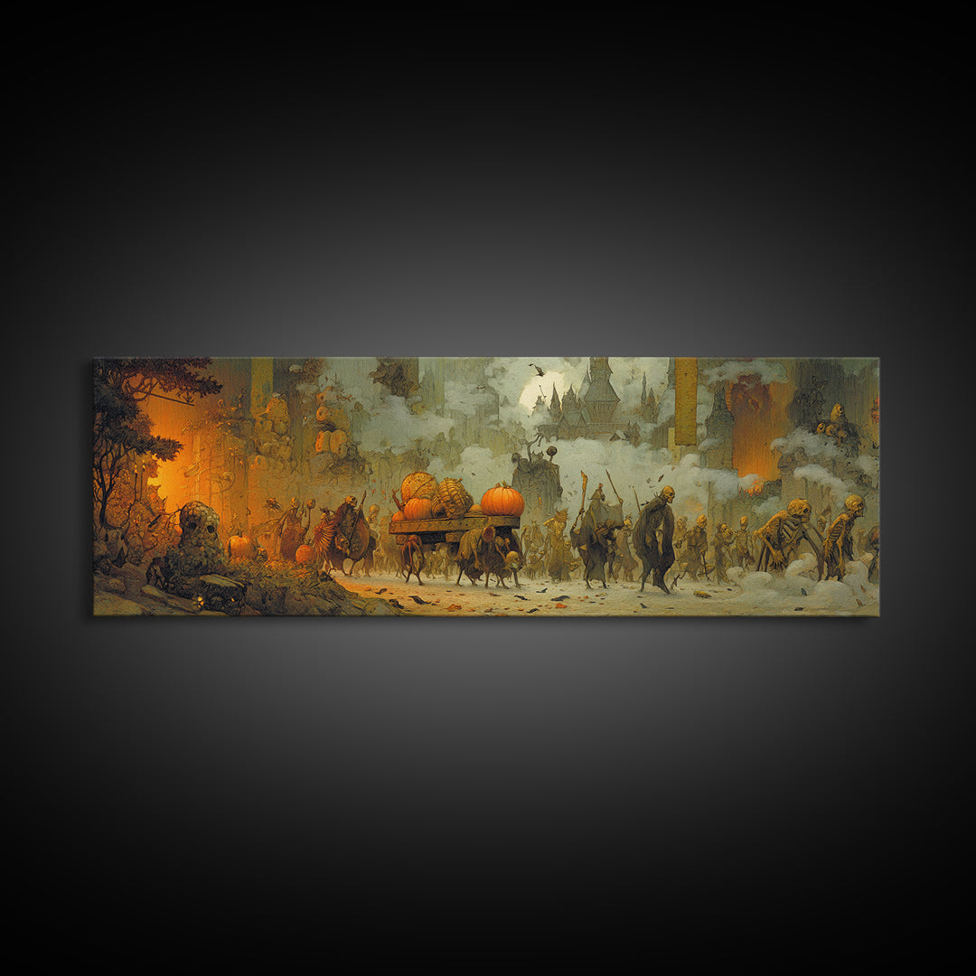 The Monster Parade, Surreal Apocalyptic Art, Extra Wide Wall Art, Dark Halloween Decor, Framed Canvas Print, Halloween Wall Art