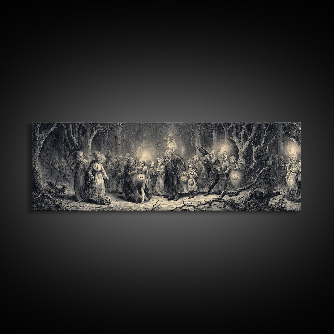 The Trick-Or-Treat Procession, Gothic Engraving Art, Extra Wide Wall Art, Dark Fantasy Wall Art, Framed Canvas Print, Spooky Wall Decor