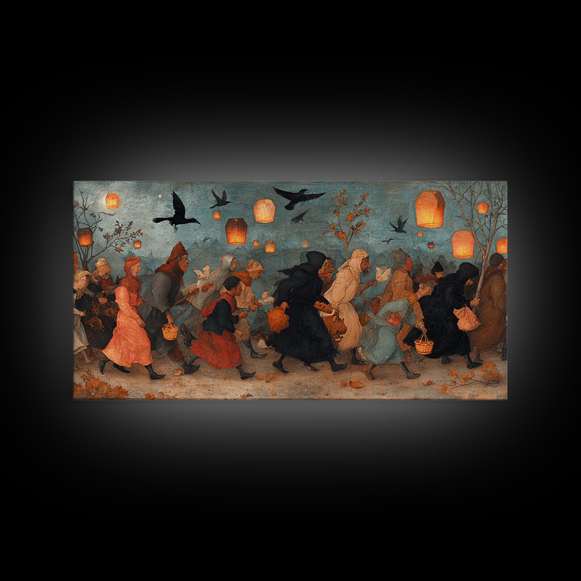 The Trick-Or-Treat Procession, Northern Renaissance Horror, Wide Panoramic Art, Dark Fantasy Wall Art, Canvas Print