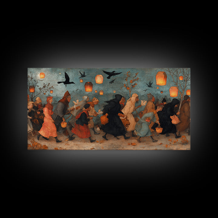The Trick-Or-Treat Procession, Northern Renaissance Horror, Wide Panoramic Art, Dark Fantasy Wall Art, Canvas Print