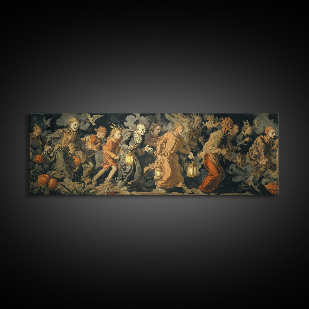 The Trick-Or-Treat Procession, Dark Renaissance Art, Extra Wide Wall Art, Dark Halloween Decor, Framed Canvas Print