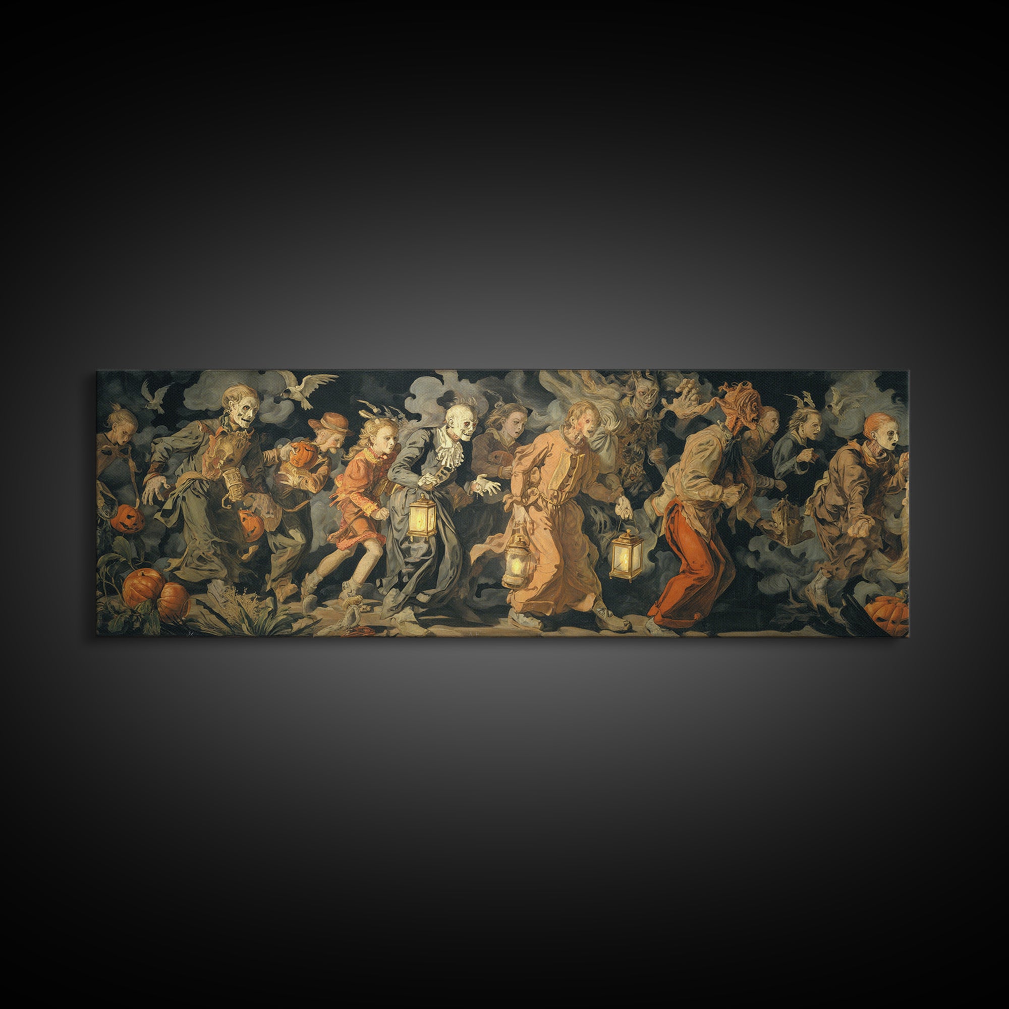 The Trick-Or-Treat Procession, Dark Renaissance Art, Extra Wide Wall Art, Dark Halloween Decor, Framed Canvas Print