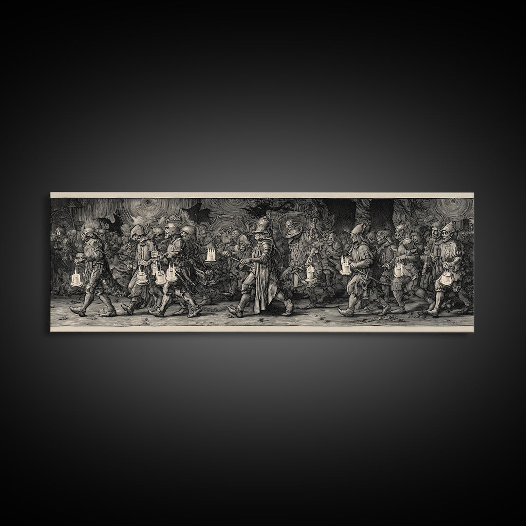 The Trick-Or-Treat Procession, Renaissance Engraving Art, Extra Wide Wall Art, Macabre Wall Art, Canvas Print, Halloween Wall Art