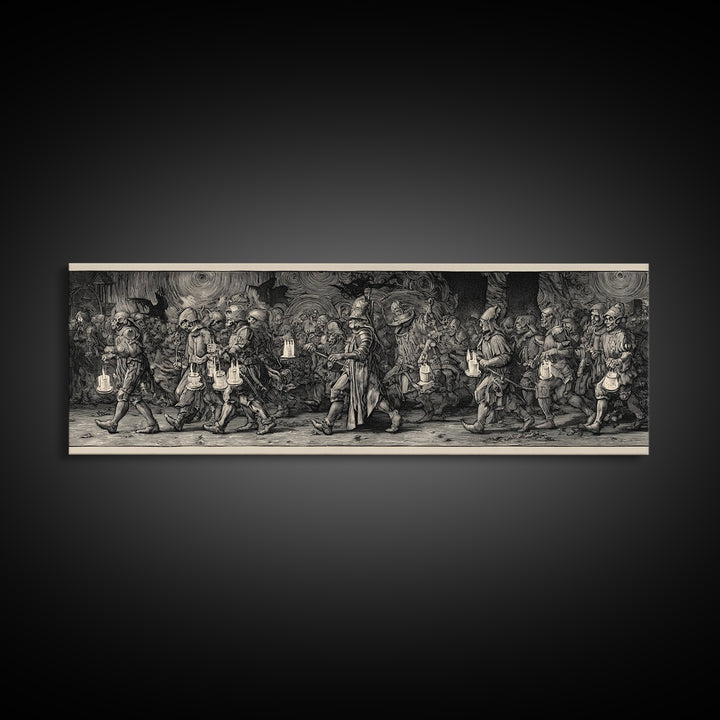 The Trick-Or-Treat Procession, Renaissance Engraving Art, Extra Wide Wall Art, Macabre Wall Art, Canvas Print, Halloween Wall Art