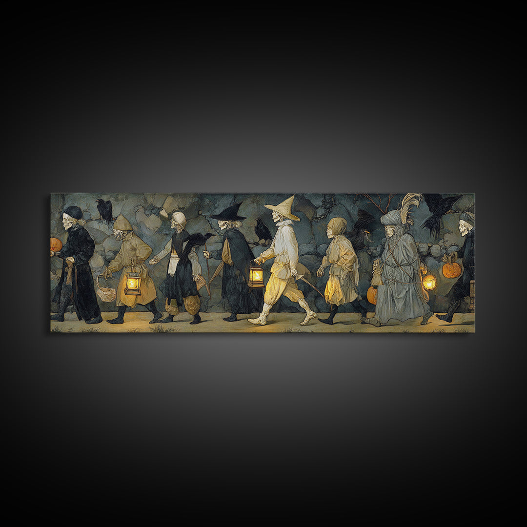 The Trick-Or-Treat Procession, Danse Macabre Art, Extra Wide Wall Art, Dark Halloween Decor, Canvas Print