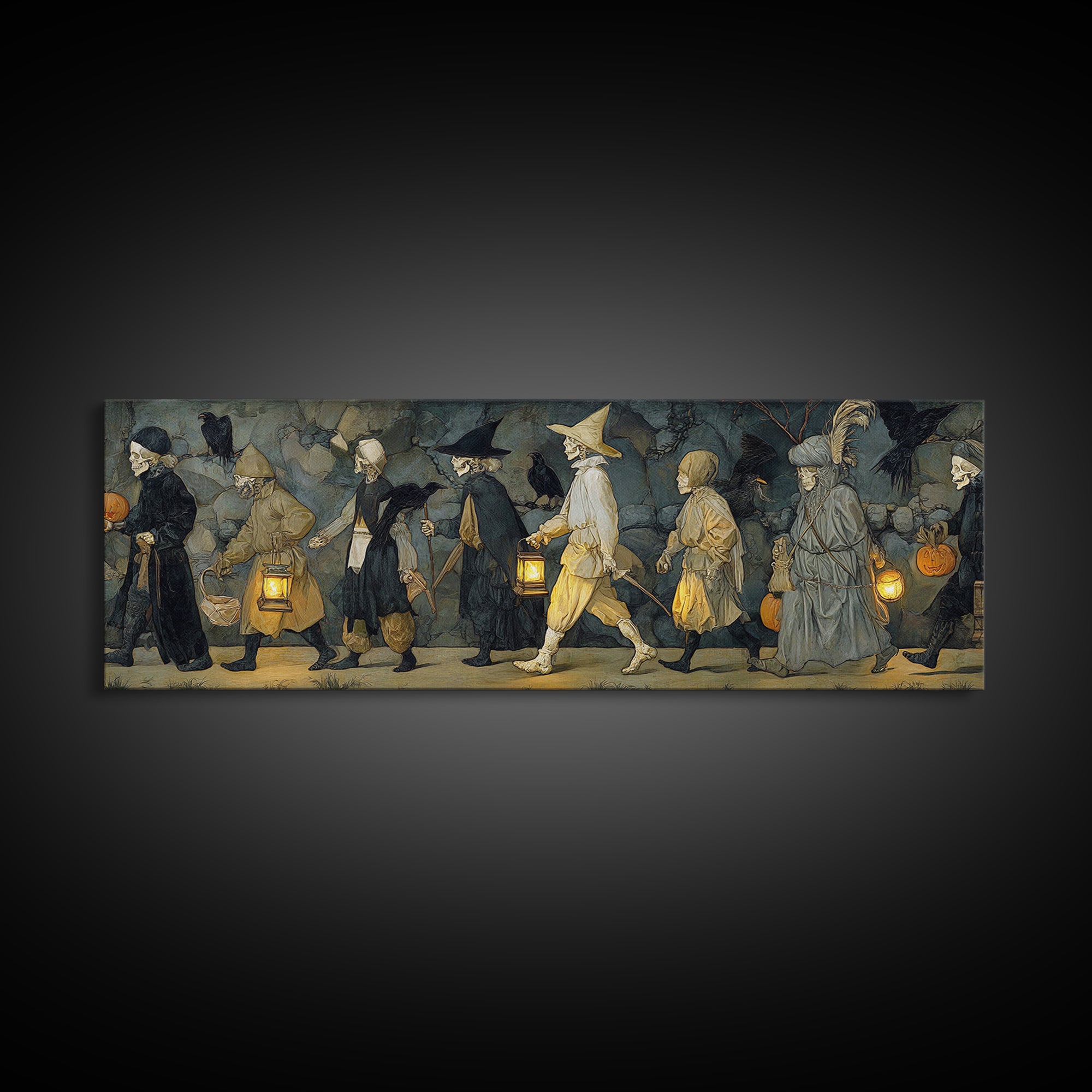 The Trick-Or-Treat Procession, Danse Macabre Art, Extra Wide Wall Art, Dark Halloween Decor, Canvas Print