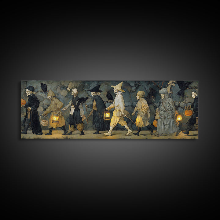 The Trick-Or-Treat Procession, Danse Macabre Art, Extra Wide Wall Art, Dark Halloween Decor, Canvas Print