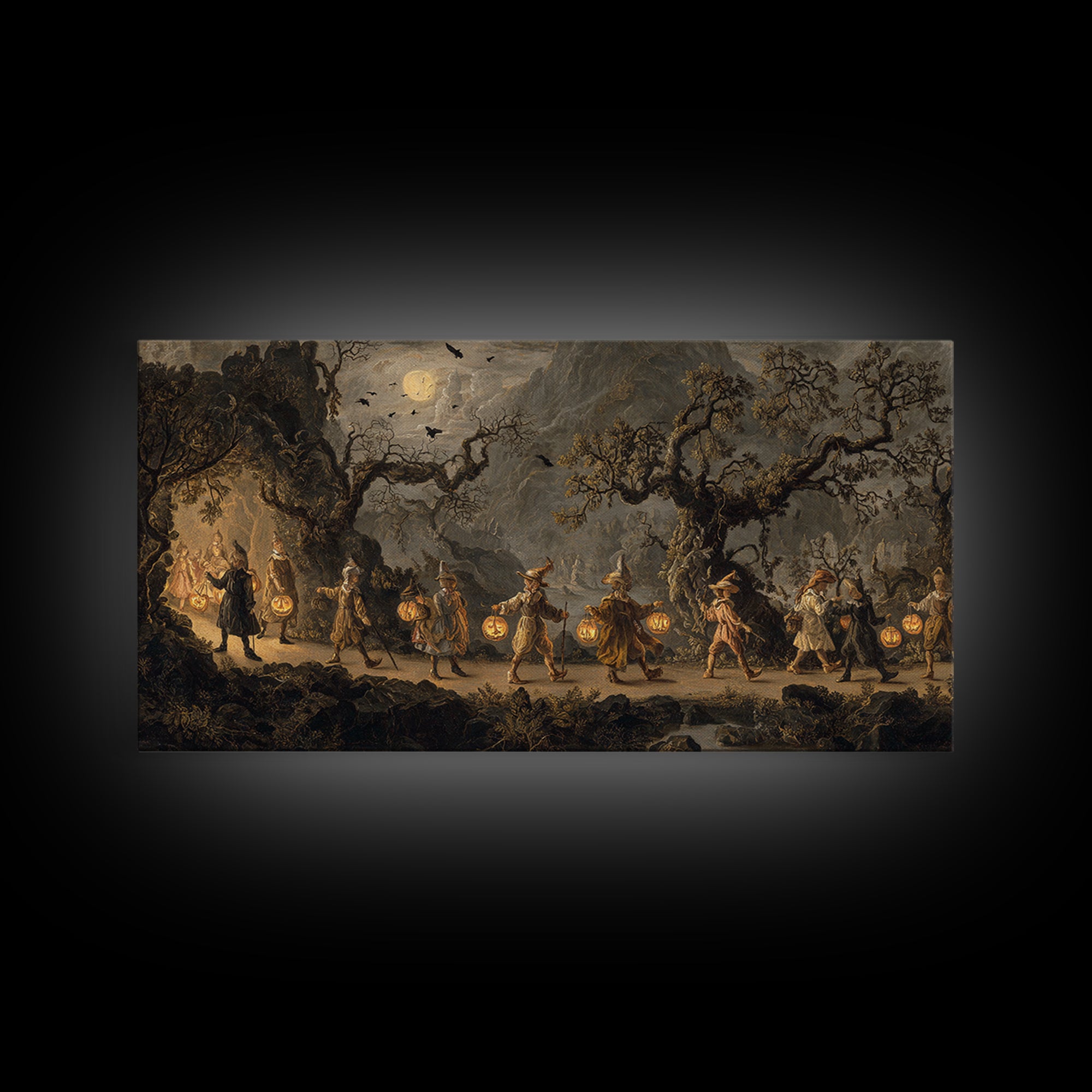 The Trick-Or-Treat Procession, Baroque Witchcraft Art, Wide Panoramic Art, Macabre Wall Art, Canvas Print, Halloween Wall Art