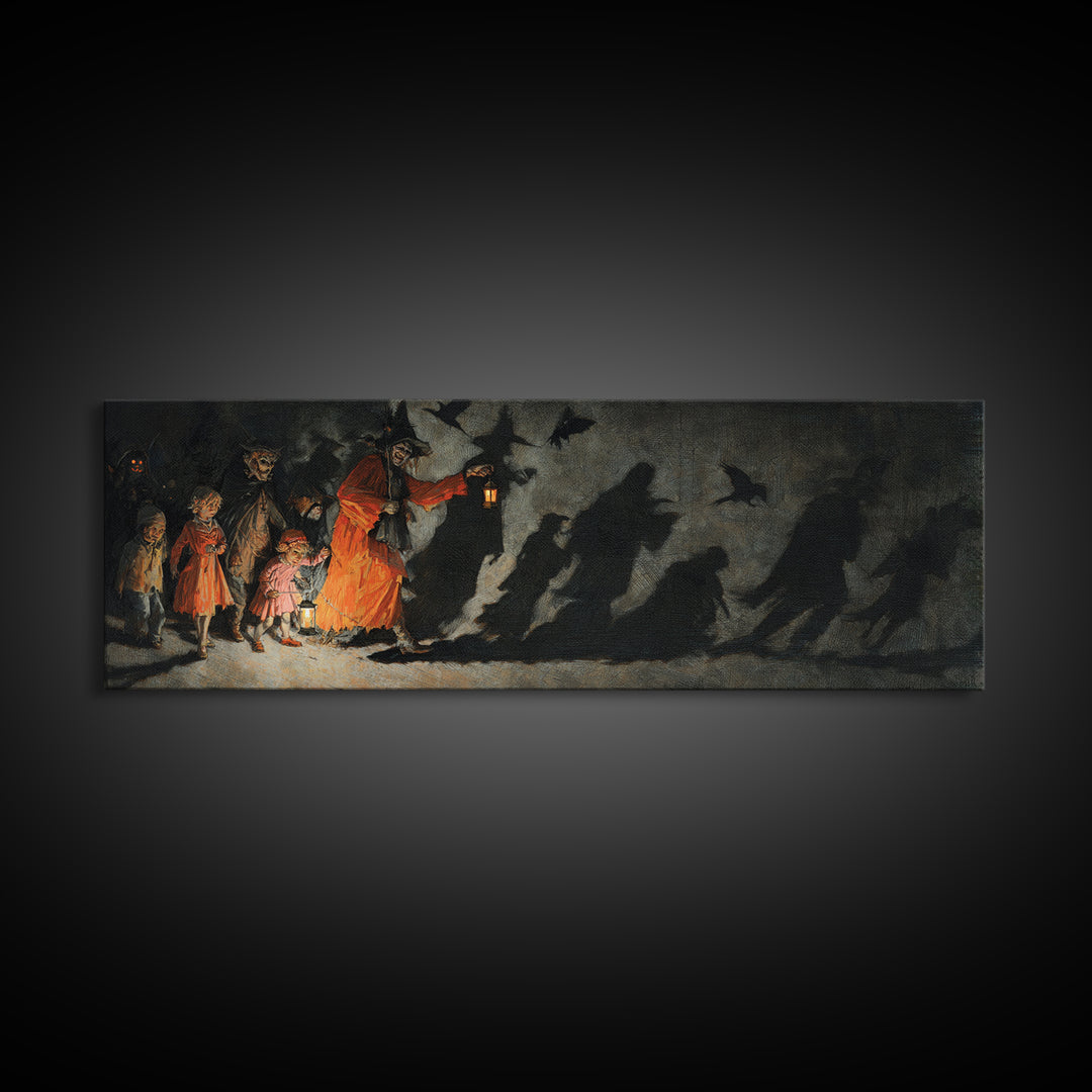 The Trick-Or-Treat Procession, Dark Romantic Horror Art, Extra Wide Wall Art, Gothic Horror Wall Art, Framed Canvas Print