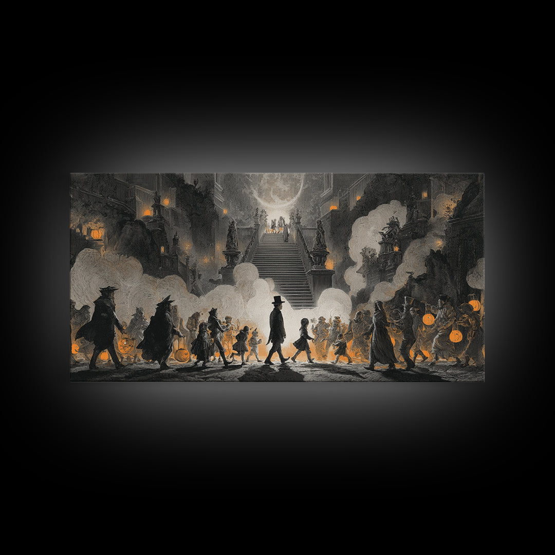 The Trick-Or-Treat Procession, Architectural Etching Art, Wide Panoramic Art, Macabre Wall Art, Framed Canvas Print