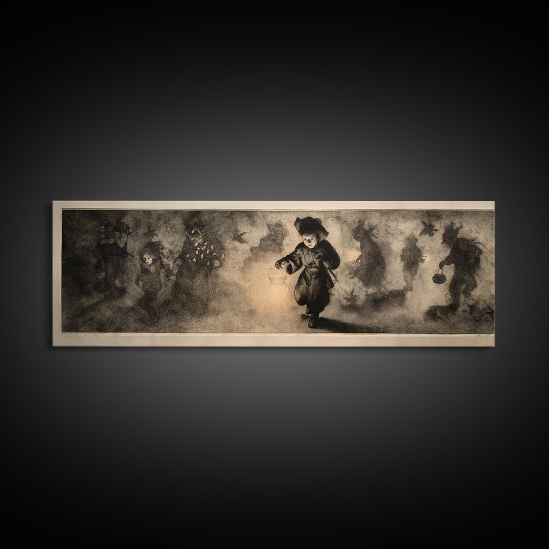 The Trick-Or-Treat Procession, Symbolist Dream Art, Extra Wide Wall Art, Dark Fantasy Wall Art, Canvas Print, Halloween Wall Art