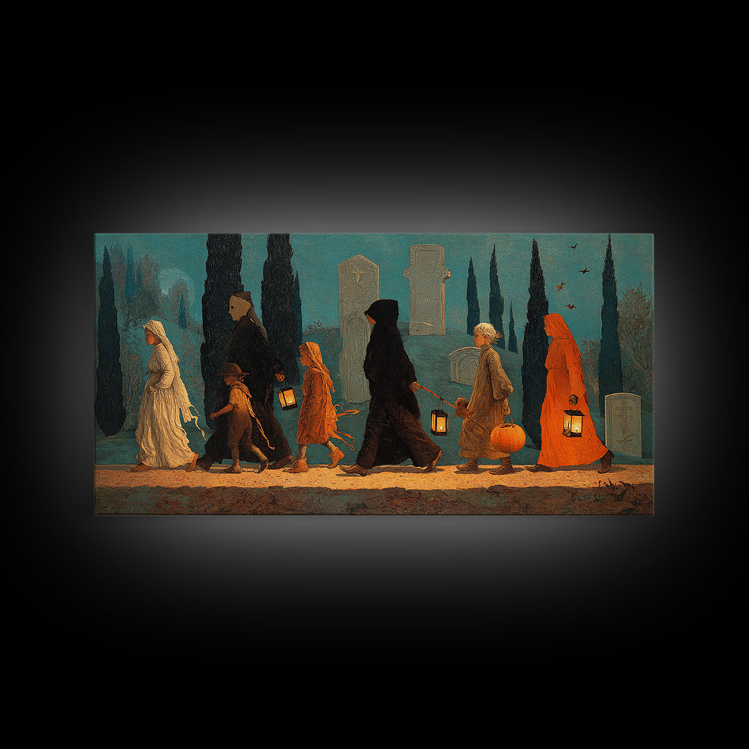 The Trick-Or-Treat Procession, Symbolist Gothic Landscape, Wide Panoramic Art, Gothic Horror Wall Art, Framed Canvas Print