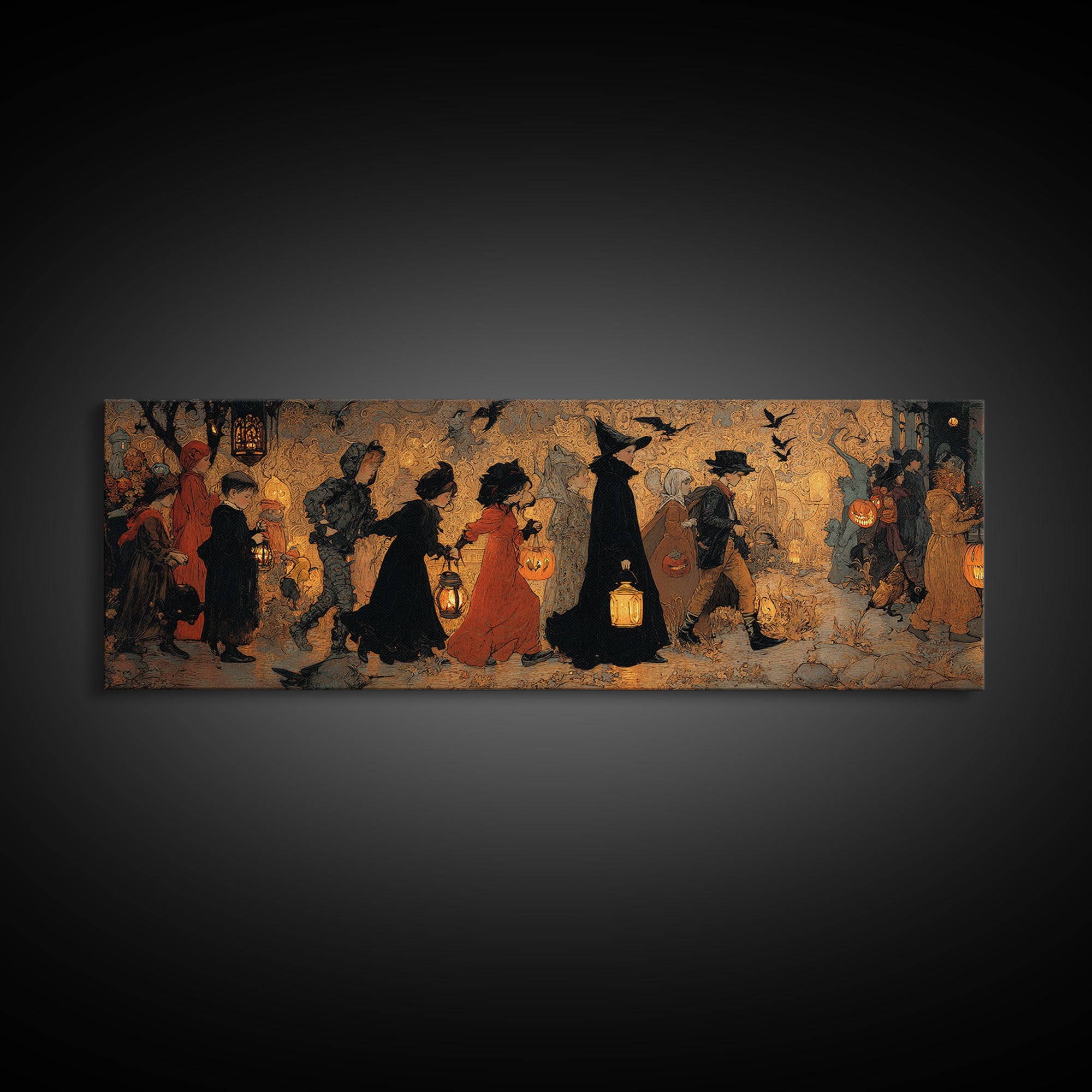 The Trick-Or-Treat Procession, Ornate Symbolist Art, Extra Wide Wall Art, Dark Halloween Decor, Canvas Print, Halloween Wall Art