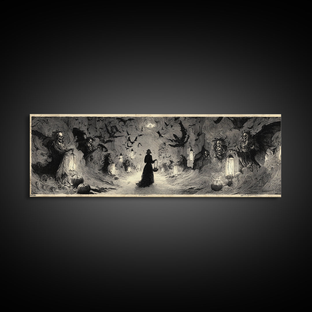 The Trick-Or-Treat Procession, Decadent Gothic Art, Extra Wide Wall Art, Macabre Wall Art, Framed Canvas Print, Halloween Wall Art