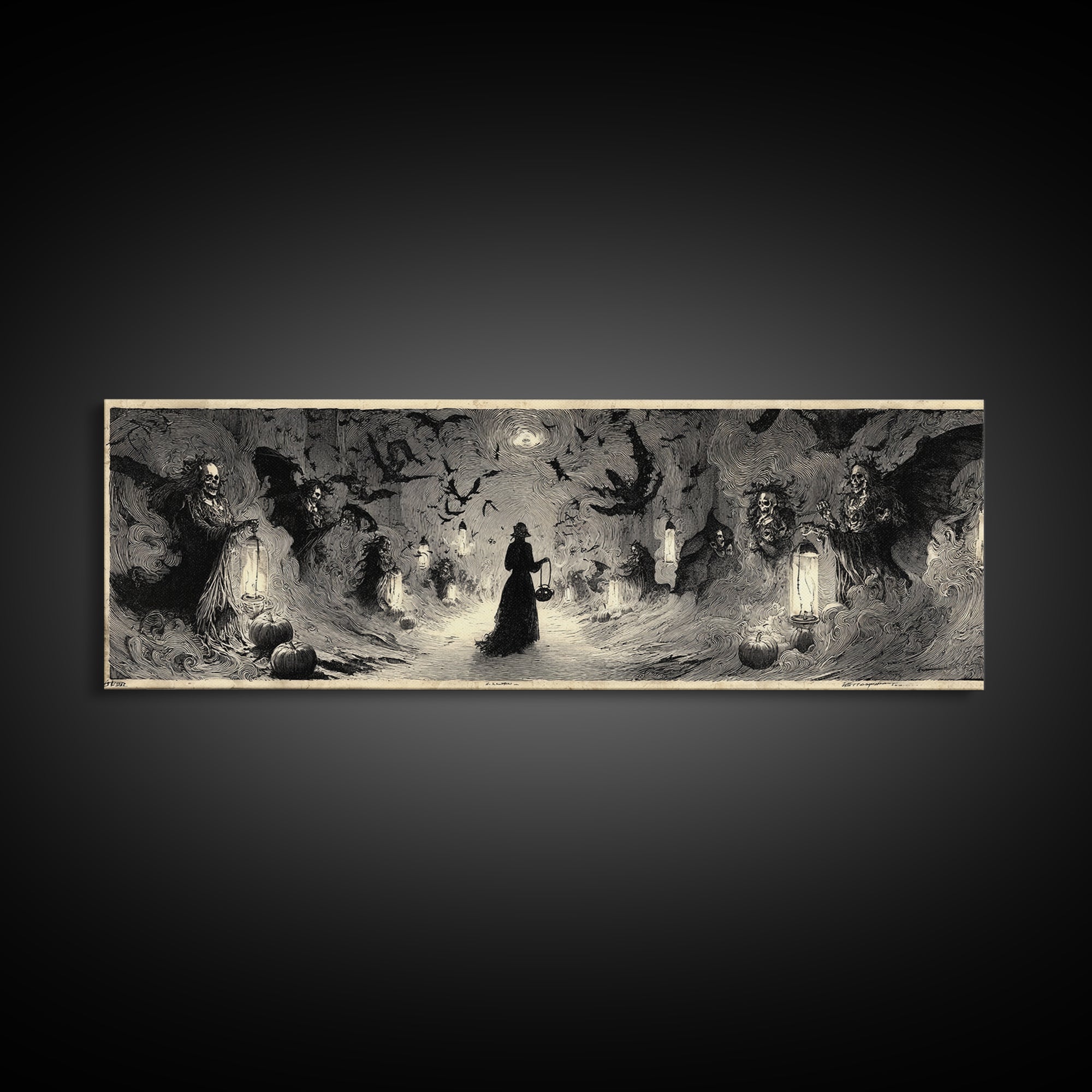 The Trick-Or-Treat Procession, Decadent Gothic Art, Extra Wide Wall Art, Macabre Wall Art, Framed Canvas Print, Halloween Wall Art