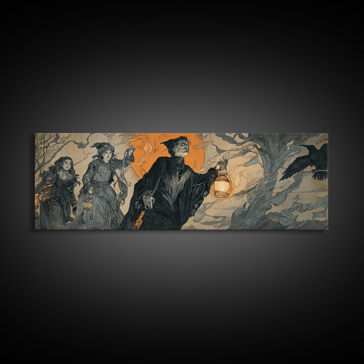 The Trick-Or-Treat Procession, Symbolist Etching Art, Extra Wide Wall Art, Gothic Horror Wall Art, Canvas Print, Halloween Wall Art