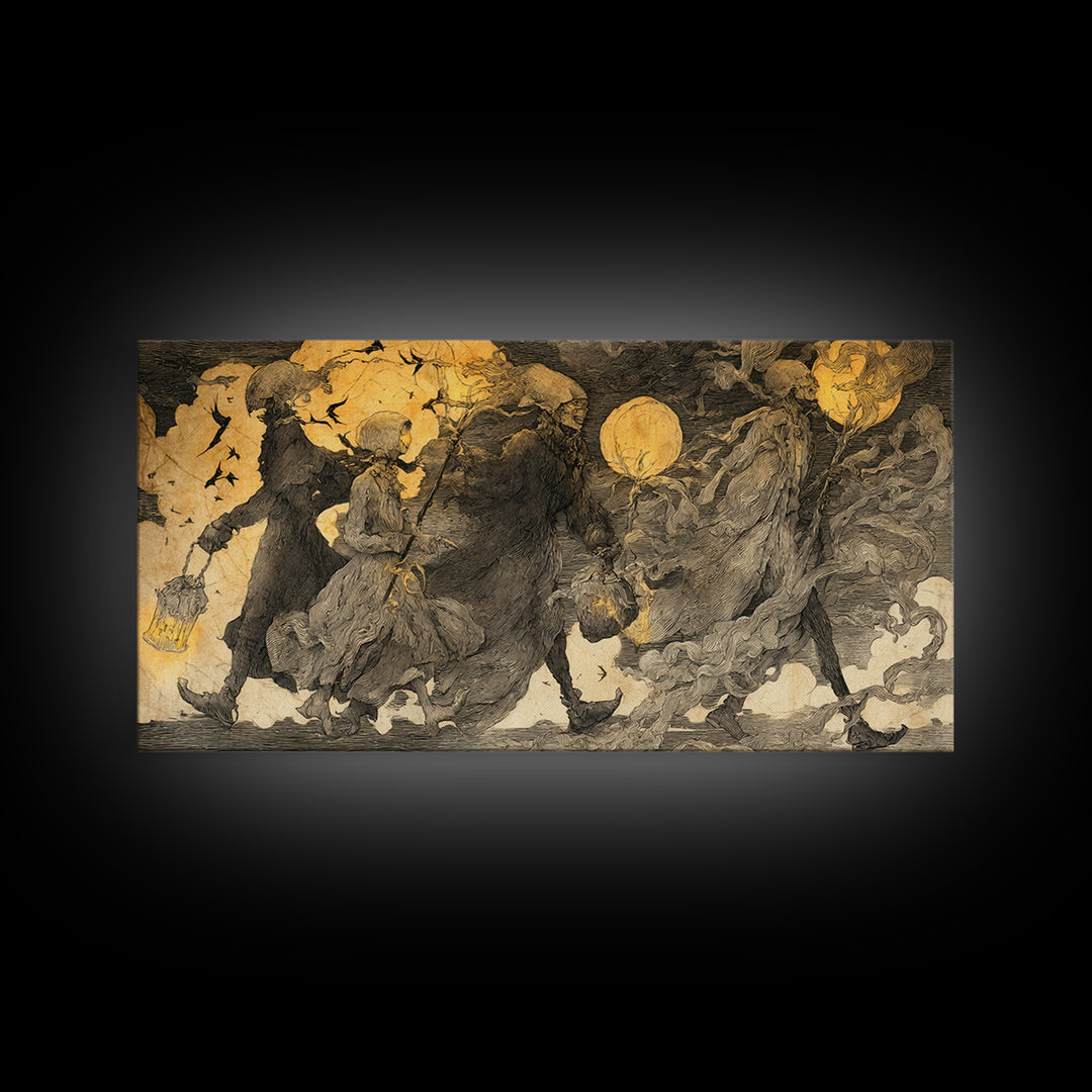 The Trick-Or-Treat Procession, Expressionist Nightmare Art, Wide Panoramic Art, Dark Fantasy Wall Art, Canvas Print, Halloween Wall Art
