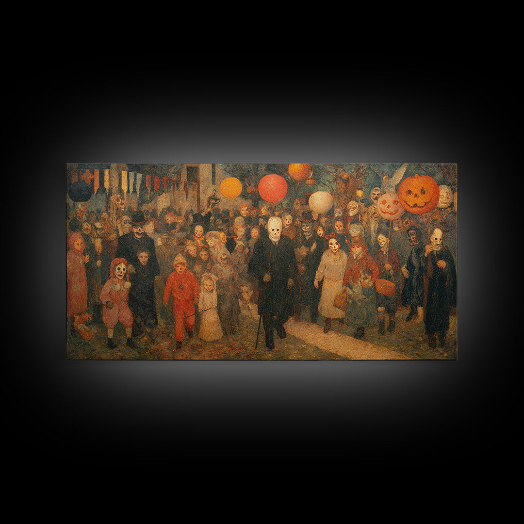 The Trick-Or-Treat Procession, Grotesque Carnival Art, Wide Panoramic Art, Gothic Horror Wall Art, Canvas Print, Halloween Wall Art