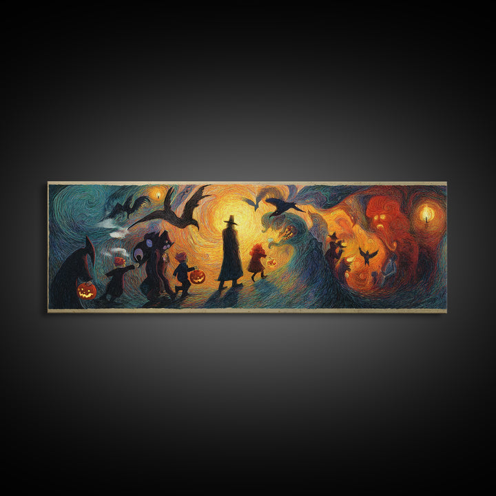 The Trick-Or-Treat Procession, Expressionist Gothic Art, Extra Wide Wall Art, Macabre Wall Art, Framed Canvas Print, Halloween Wall Art