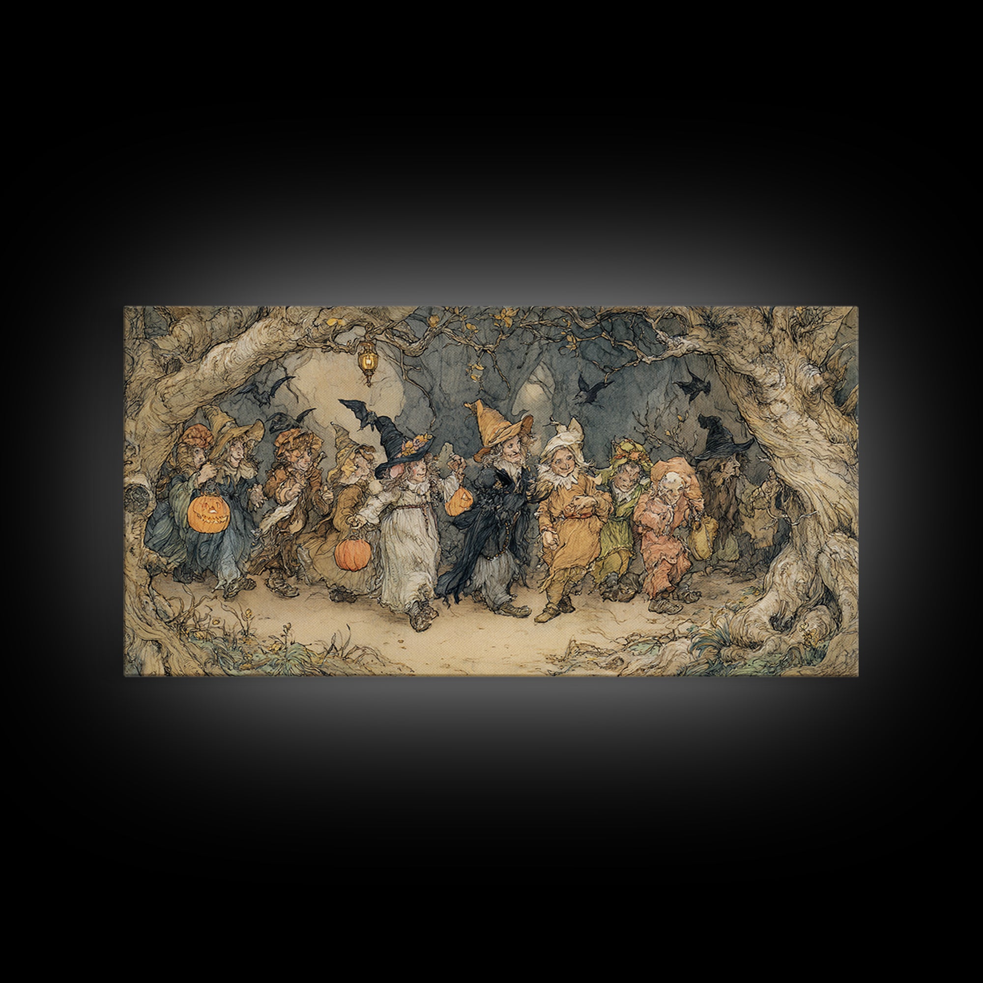 The Trick-Or-Treat Procession, Gothic Storybook Art, Wide Panoramic Art, Macabre Wall Art, Framed Canvas Print, Halloween Wall Art