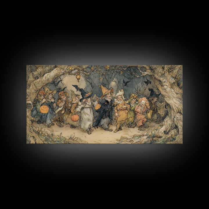 The Trick-Or-Treat Procession, Gothic Storybook Art, Wide Panoramic Art, Macabre Wall Art, Framed Canvas Print, Halloween Wall Art
