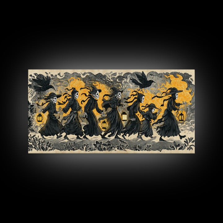 The Trick-Or-Treat Procession, Macabre Folk Print Art, Wide Panoramic Art, Dark Halloween Decor, Canvas Print