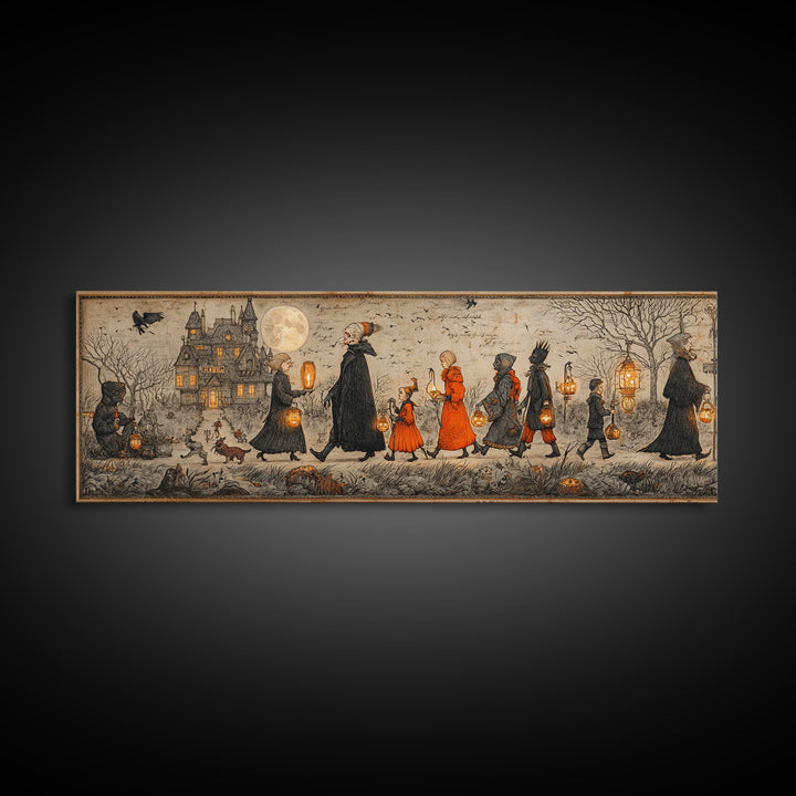 The Trick-Or-Treat Procession, Victorian Macabre Art, Extra Wide Wall Art, Dark Halloween Decor, Canvas Print, Halloween Wall Art