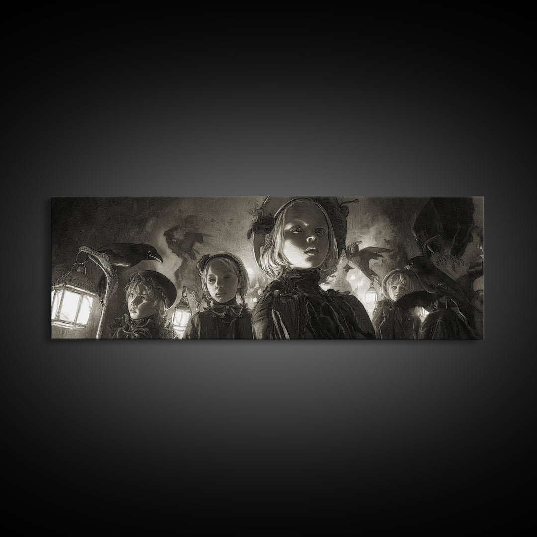 The Trick-Or-Treat Procession, Biomechanical Horror Art, Extra Wide Wall Art, Dark Halloween Decor, Canvas Print, Halloween Wall Art