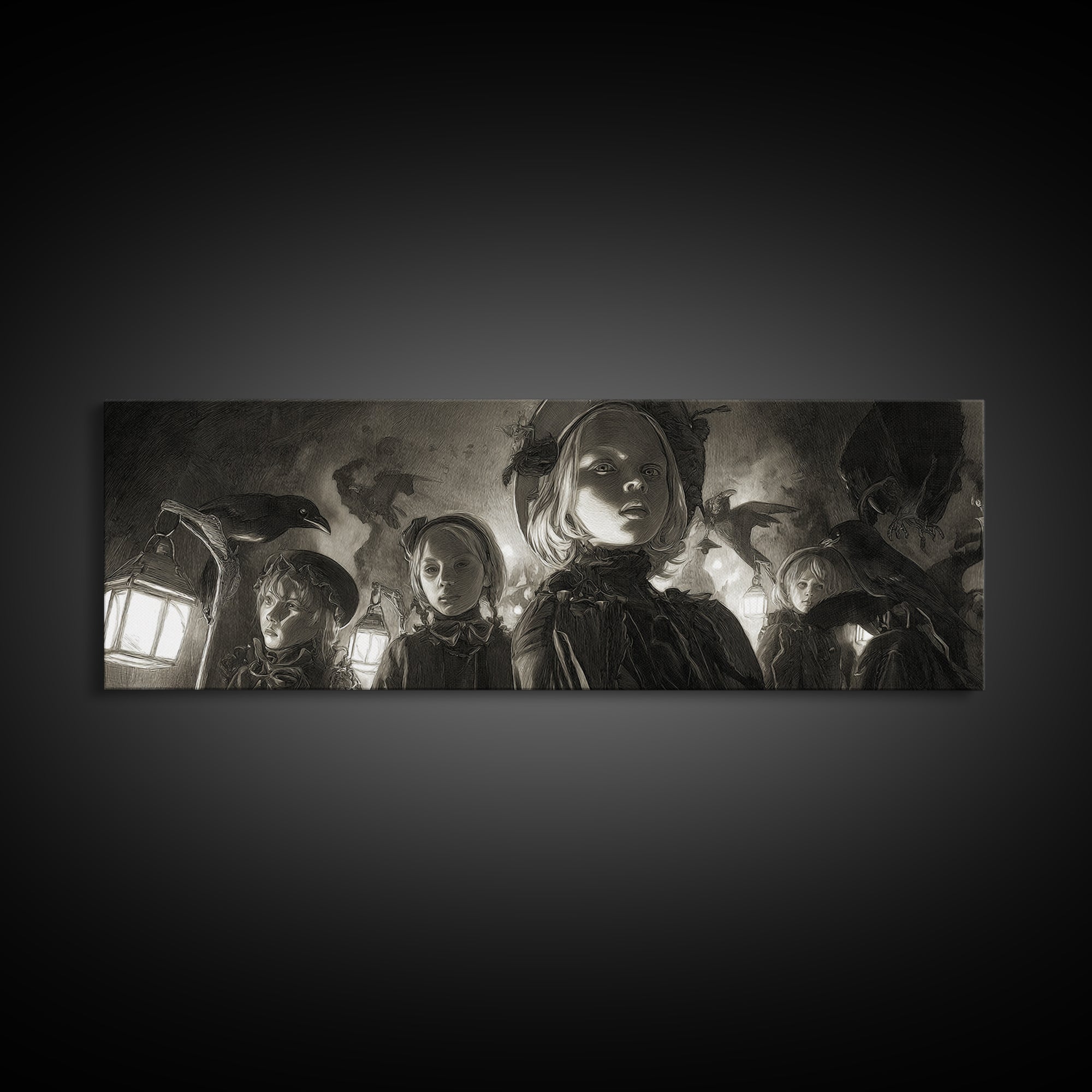The Trick-Or-Treat Procession, Biomechanical Horror Art, Extra Wide Wall Art, Dark Halloween Decor, Canvas Print, Halloween Wall Art