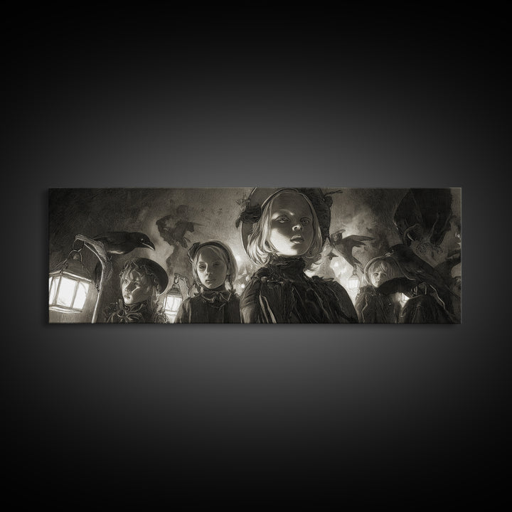 The Trick-Or-Treat Procession, Biomechanical Horror Art, Extra Wide Wall Art, Dark Halloween Decor, Canvas Print, Halloween Wall Art