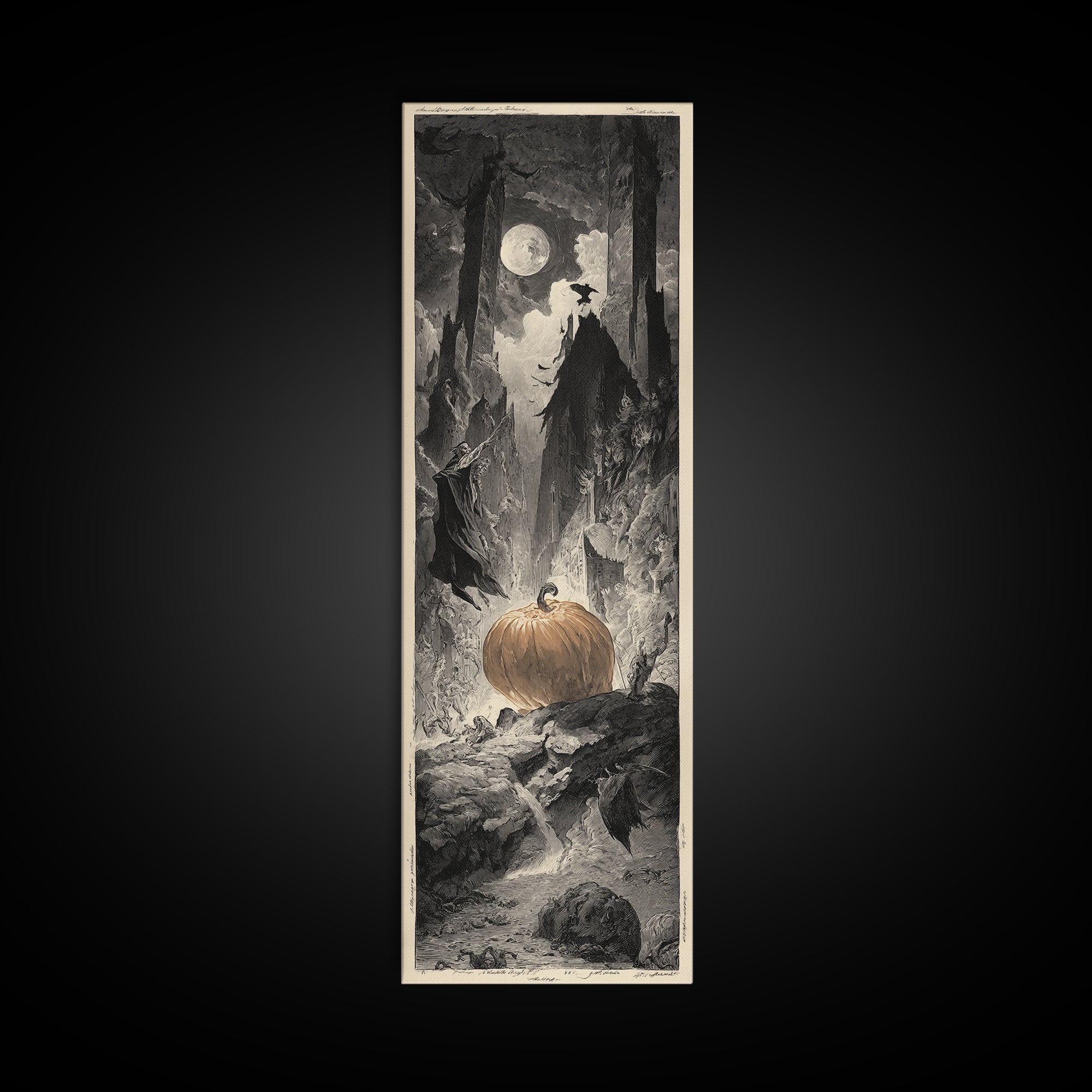 The Pumpkin-Carving Ritual, Gothic Engraving Art, Tall Narrow Wall Art, Gothic Horror Wall Art, Framed Canvas Print, Halloween Wall Art