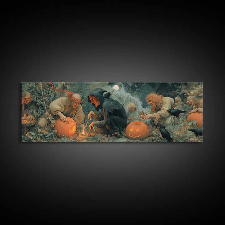 The Pumpkin-Carving Ritual, Medieval Grotesque Art, Extra Wide Wall Art, Gothic Horror Wall Art, Framed Canvas Print
