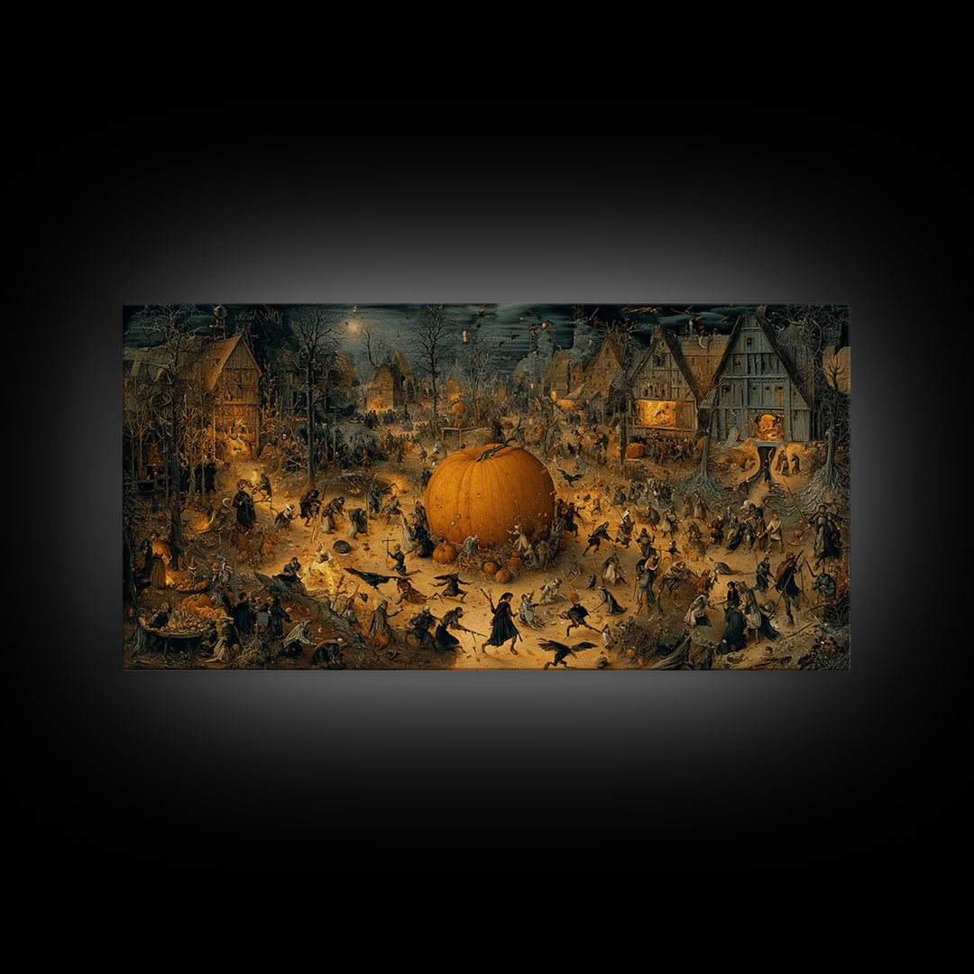 The Pumpkin-Carving Ritual, Northern Renaissance Horror, Wide Panoramic Art, Gothic Horror Wall Art, Framed Canvas Print