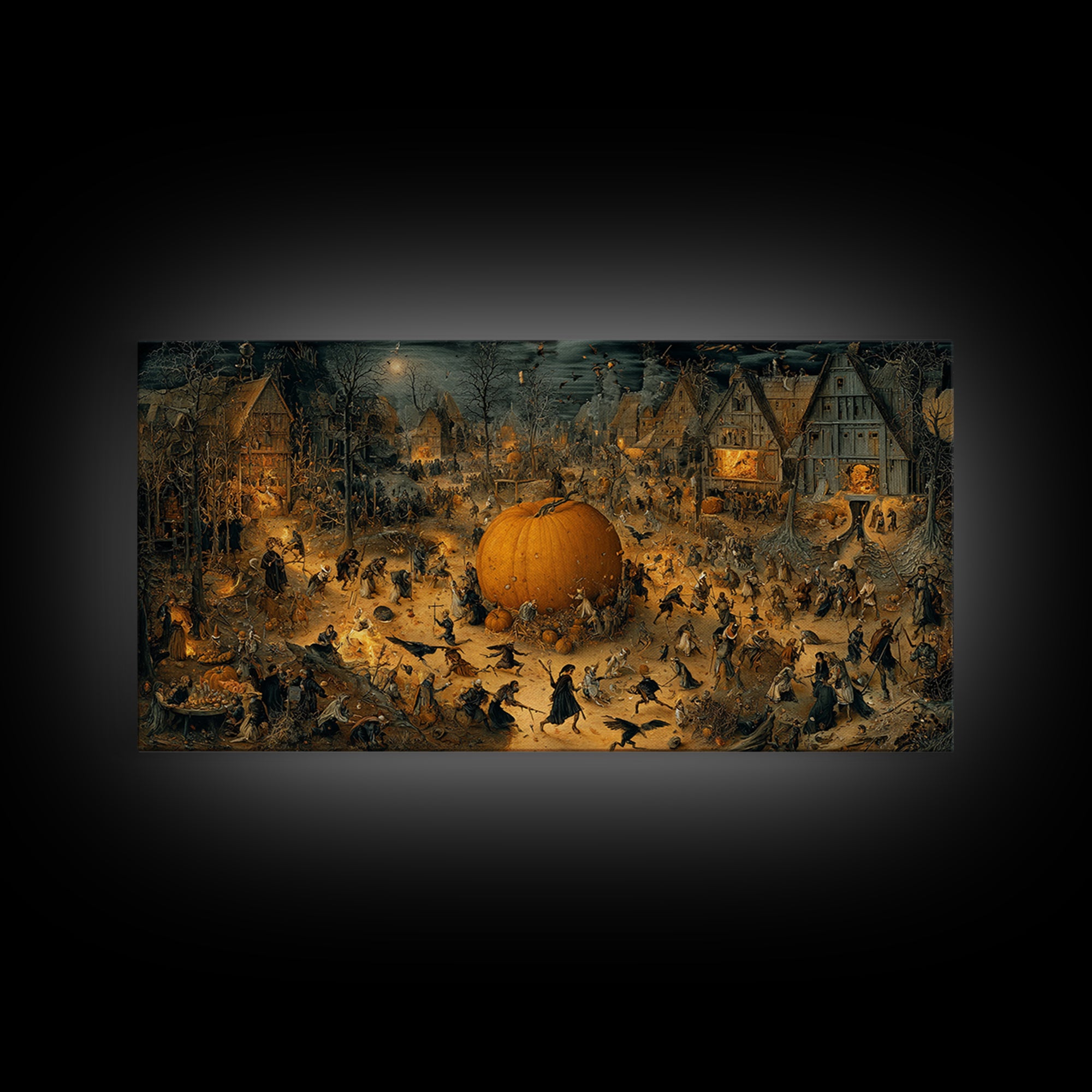 The Pumpkin-Carving Ritual, Northern Renaissance Horror, Wide Panoramic Art, Gothic Horror Wall Art, Framed Canvas Print