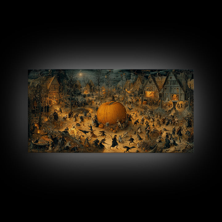 The Pumpkin-Carving Ritual, Northern Renaissance Horror, Wide Panoramic Art, Gothic Horror Wall Art, Framed Canvas Print